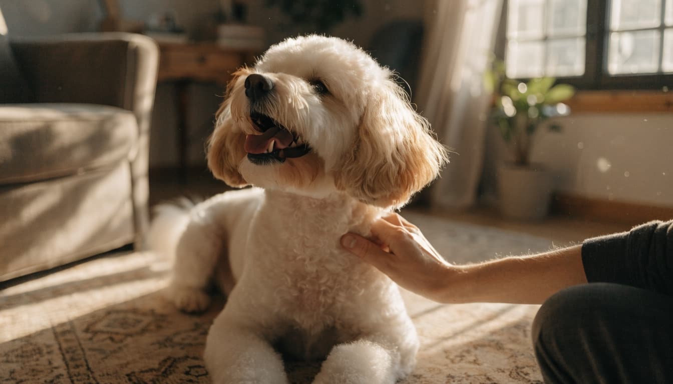 Cane toelettato accarezzato con affetto dal proprietario in soggiorno
