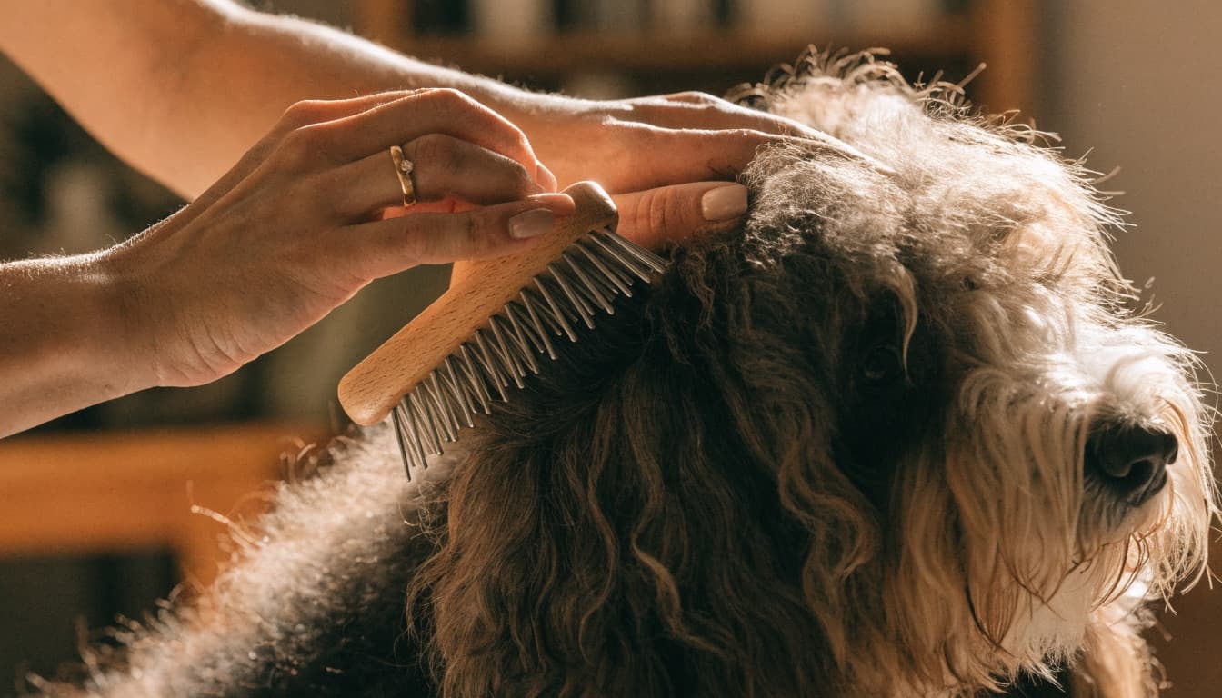 Toelettatore che spazzola con cura il pelo lungo e folto di un cane