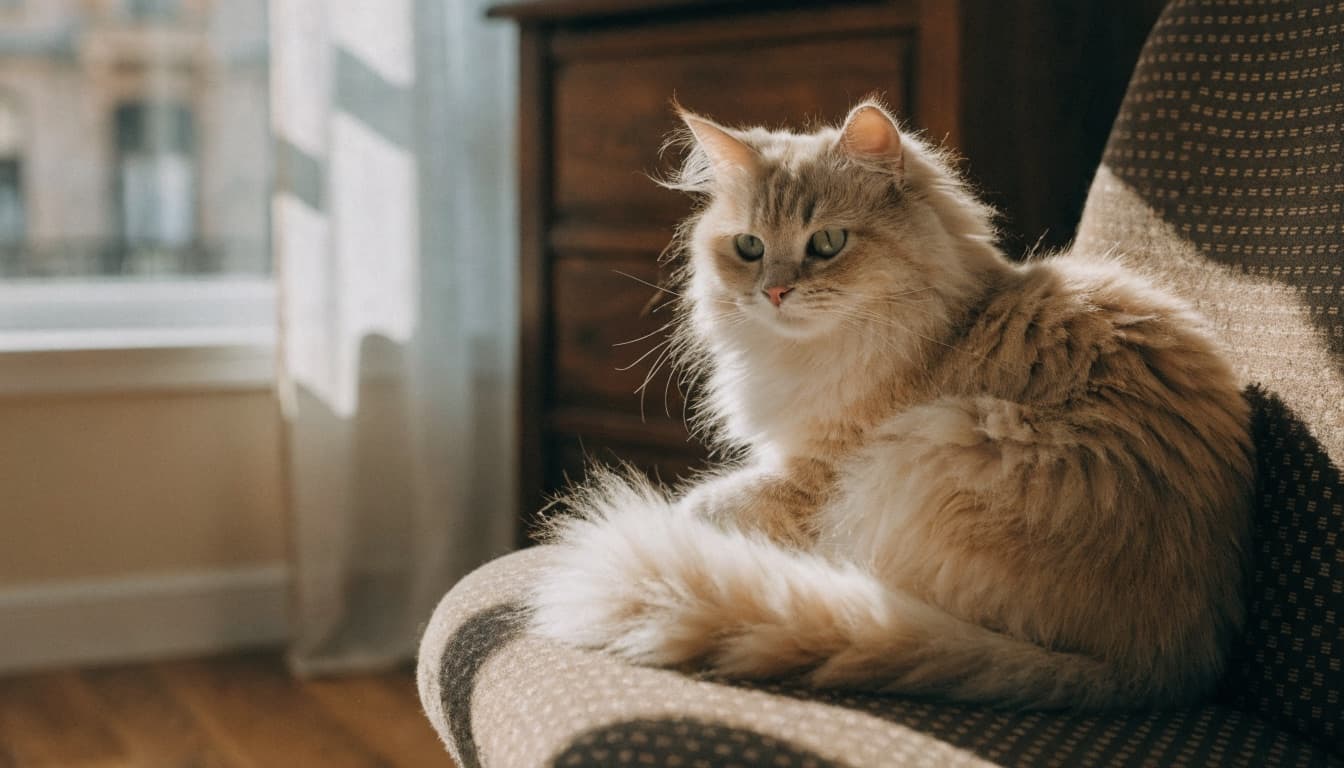 Gatto a pelo lungo ben curato seduto in soggiorno