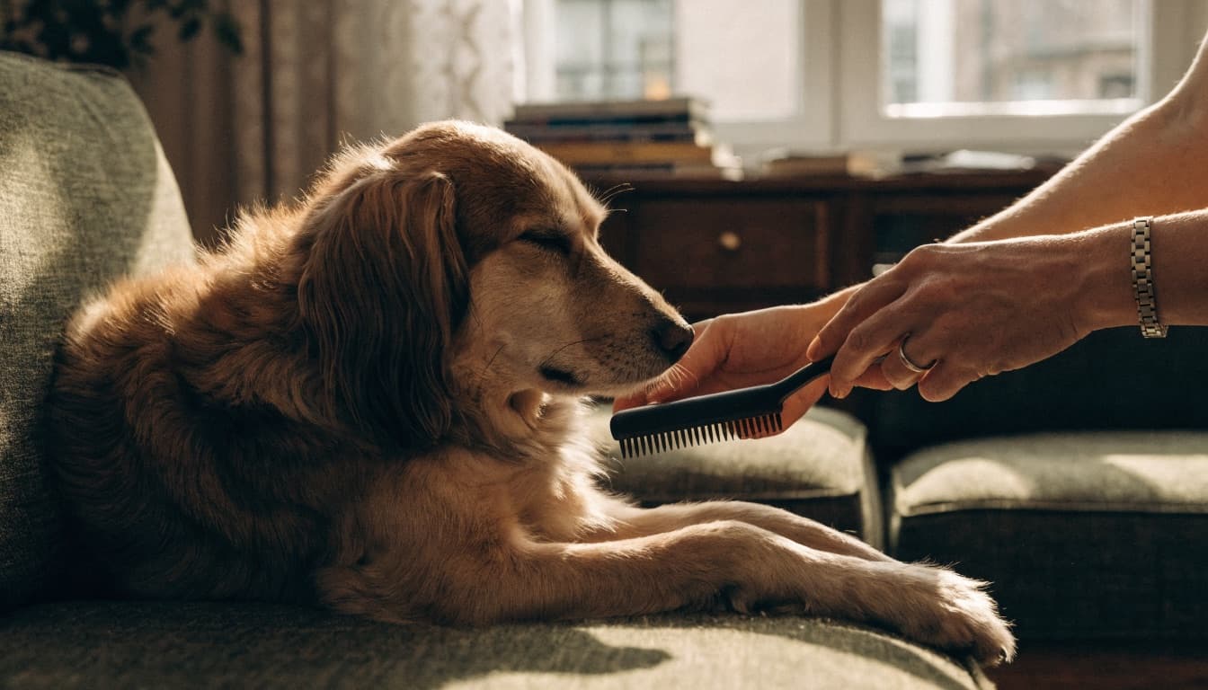 Proprietario che spazzola con delicatezza il pelo del cane sul divano di casa
