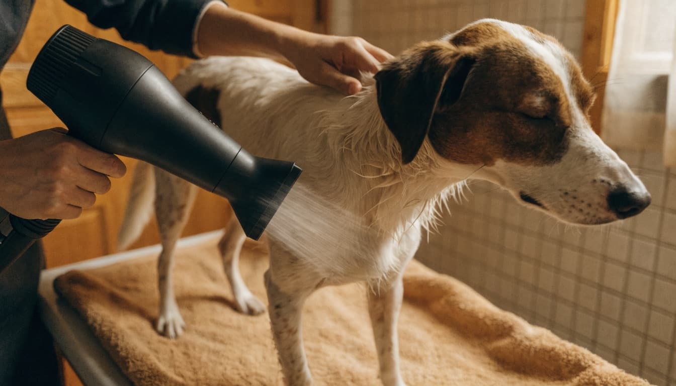 Toelettatore che asciuga il pelo di un cane con il phon durante una seduta