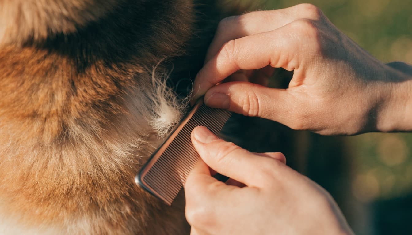 Mani che districano con cura un piccolo nodo nel pelo del cane con un pettine