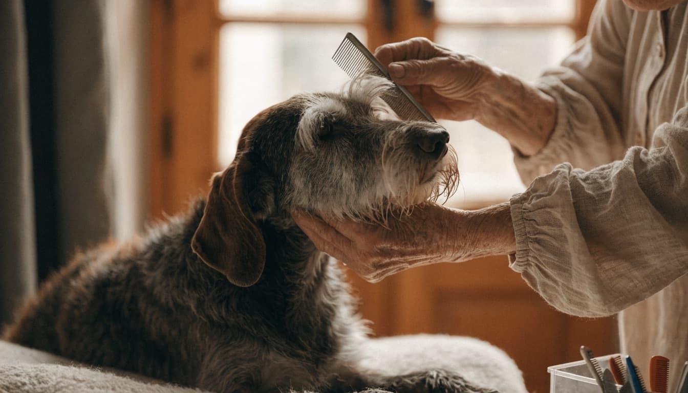 Cane anziano pettinato con delicatezza durante la toelettatura a domicilio
