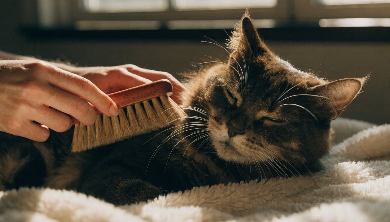 Gatto tranquillo mentre viene spazzolato a casa