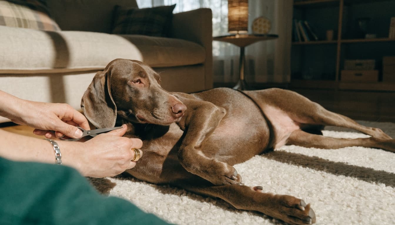 Cane rilassato durante il taglio del pelo a domicilio in salotto