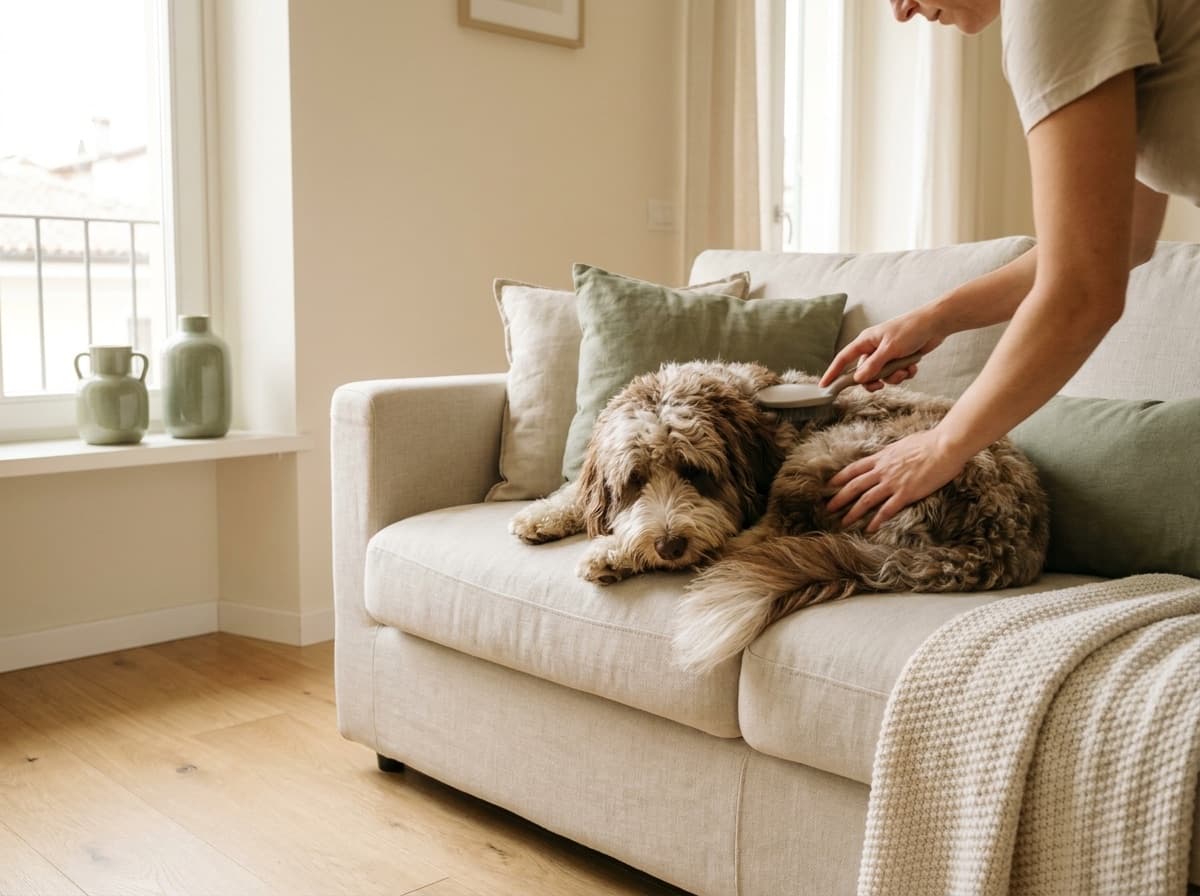 Un cane spazzolato con delicatezza sul divano di casa