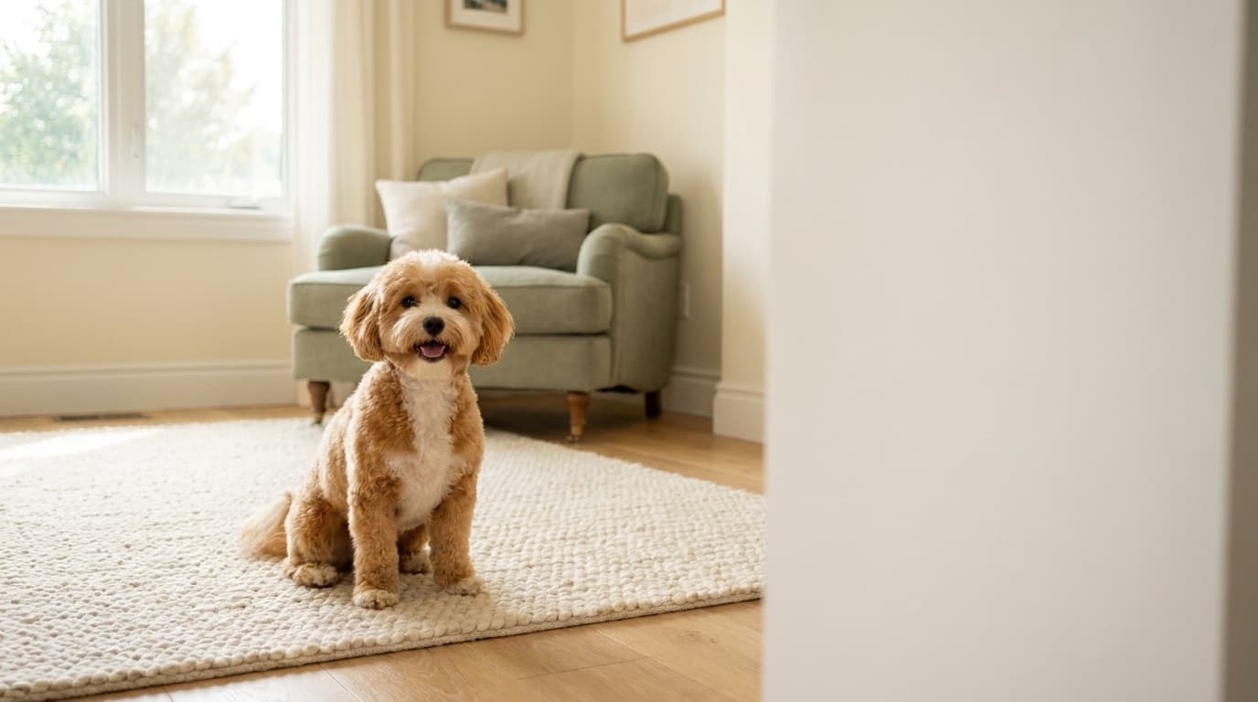 Un cane appena toelettato, felice e in ordine, sul tappeto di casa