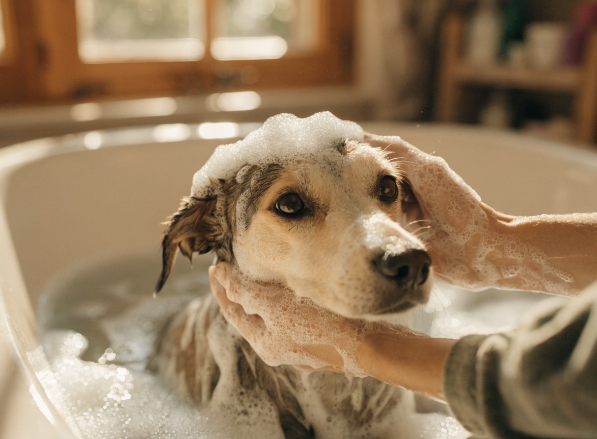 Cane durante il bagno a domicilio